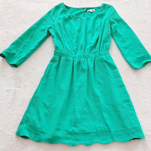 Gianni Bini Dresses & Skirts - GB Green Fit Flare Dress Long Sleeve Pleated‎ Waist Open Back Size Small